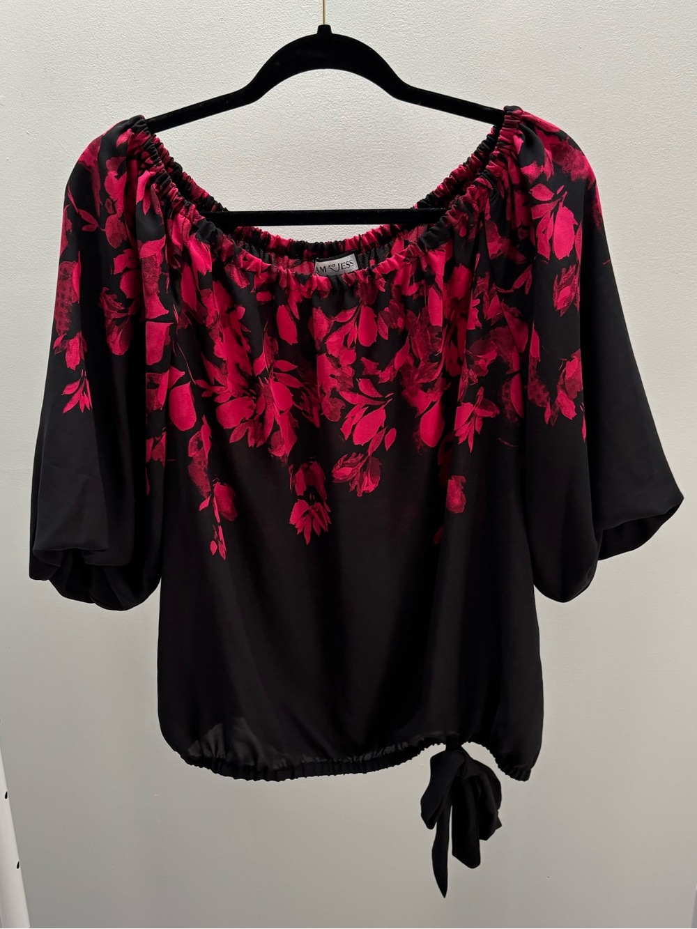 Sam and Jess Black Floral Off-Shoulder Puff Sleeve Blouse with Side Tie